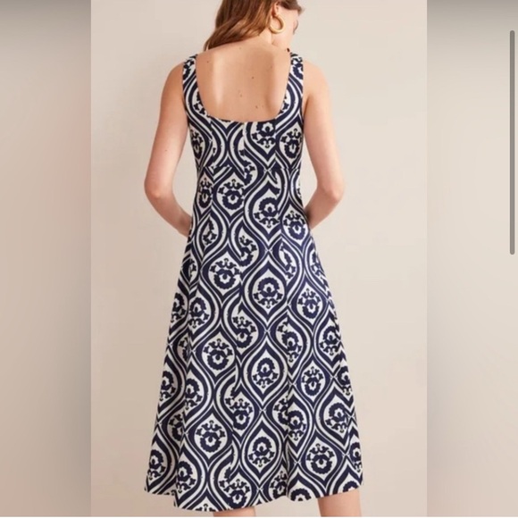 Boden Slash Neck Midi Dress Navy Geo Cascade Size 6R - Picture 3 of 6